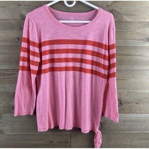 T by Talbots Pink Striped Top T Shirt Size XL Cotton Blend 3/4 Sleeve w/Side Tie